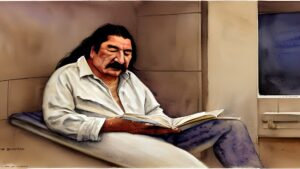 Detailed realistic watercolor of Native American Activist Leonard Peltier sitting on the cot inside a small, sparse jail cell, while reading a paperback book