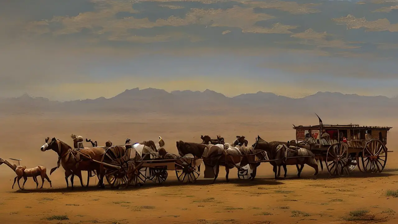 wild west caravan of wagons and settlers crossing the Western plains