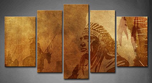 5 Panel Wall Art Brown Native American Chief Worriors On Horses Painting The Picture Print On Canvas People Pictures for Home Decor Decoration Gift Piece (Stretched by Wooden Frame,Ready to Hang)