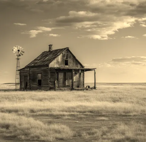 a cabin built in the middle of harsh prairie lands in oklahoma
