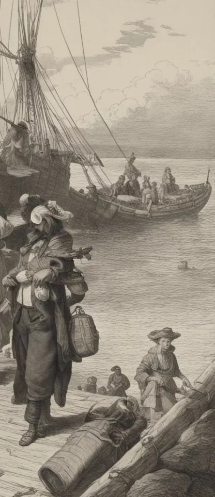 european settlers exiting a ship in the new world