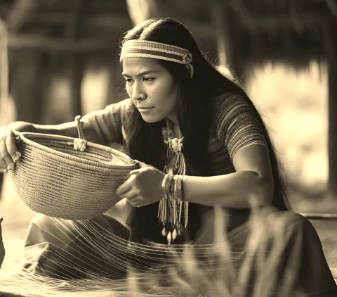 Native American woman working on traditional craft basket weaving