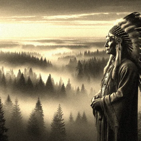 19th-century American frontier scene at sunrise with mist rolling over a serene, untouched forest. In the foreground, a dignified Shawnee leader, Te