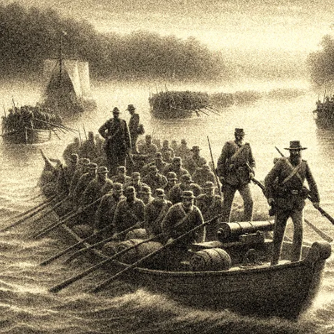 American troops in blue uniforms embarking on boats with cannons, crossing a misty river at dawn towards a forested Canadian shore. The anxious faces 