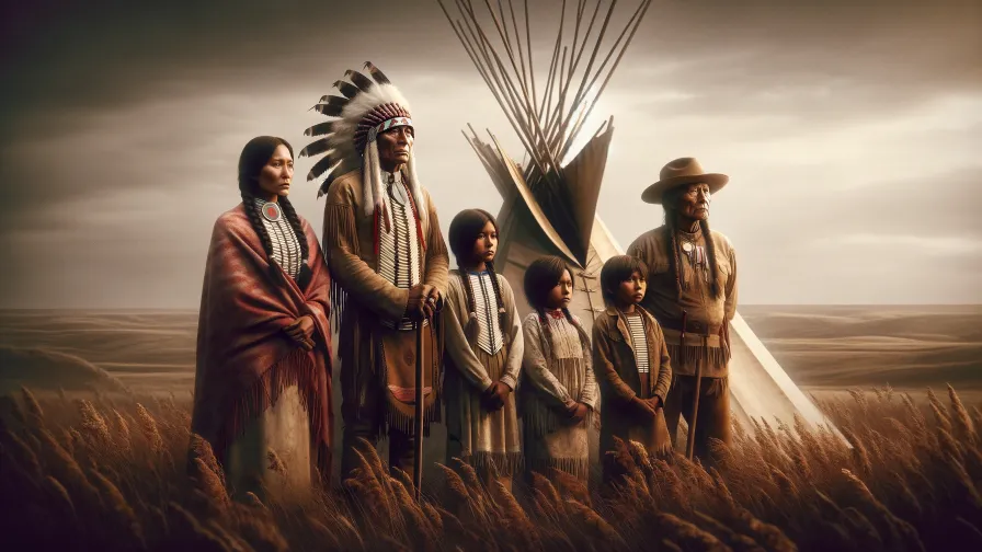 Native American family in traditional attire, standing before a tepee on the Great Plains