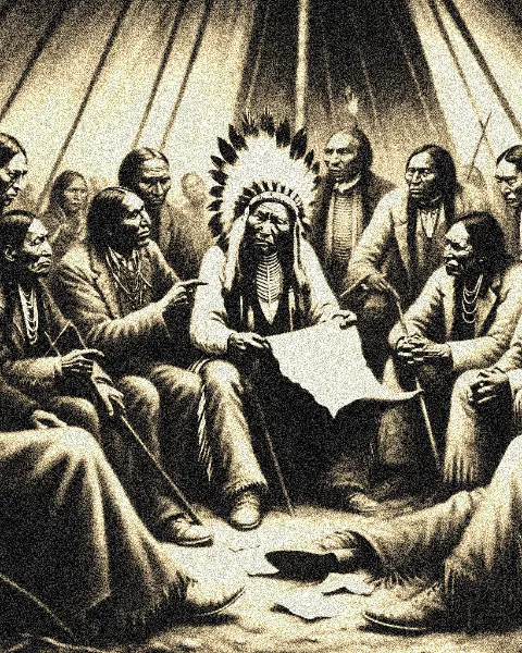 Red Cloud in a heated discussion with other Lakota leaders, expressing his opposition to the 1851 Fort Laramie Treaty