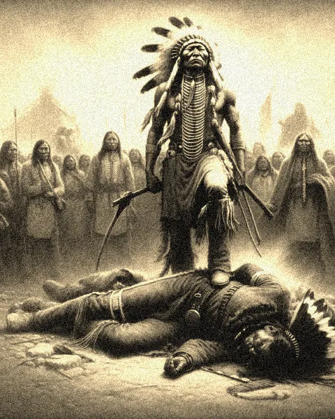 Red Cloud standing victoriously over a rival Lakota chief he has just defeated