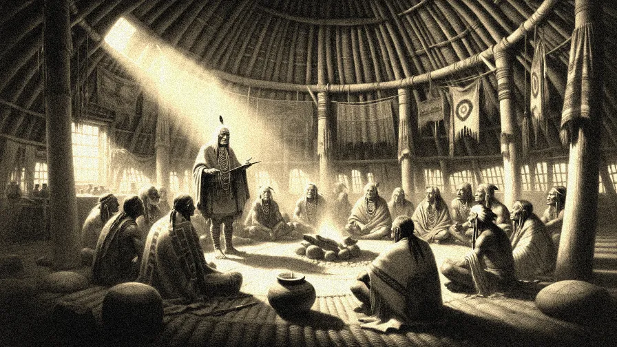 Wampanoag wetu where Massasoit is seen holding a council
