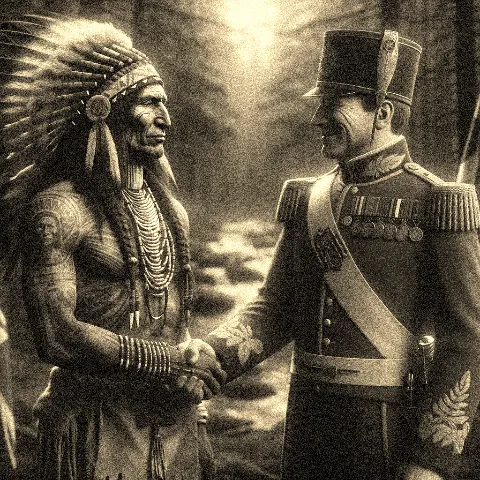 handshake-between-Tecumseh-portrayed-as-a-strong-Native-American-leader