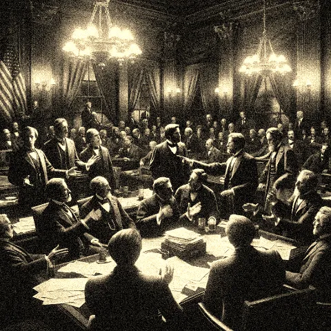 intense congressional debate in a dimly lit room filled with 19th-century American politicians. The atmosphere is tense, with a group of 'War Hawks