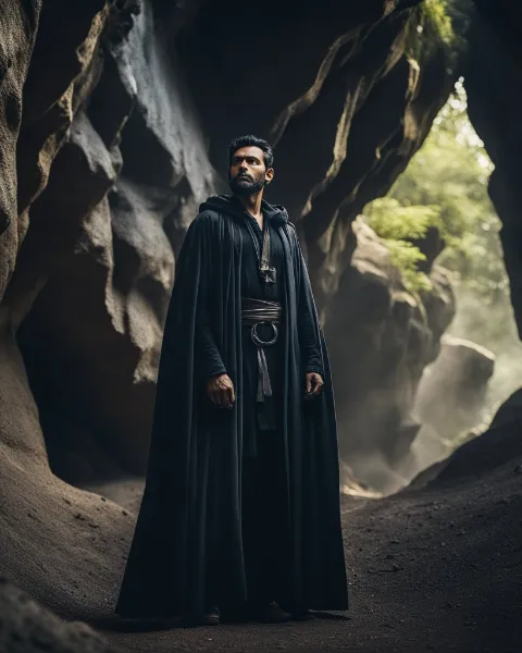 powerful image of Hauk, cloak billowing, standing at the mouth of a cave in the Superstition Mountains